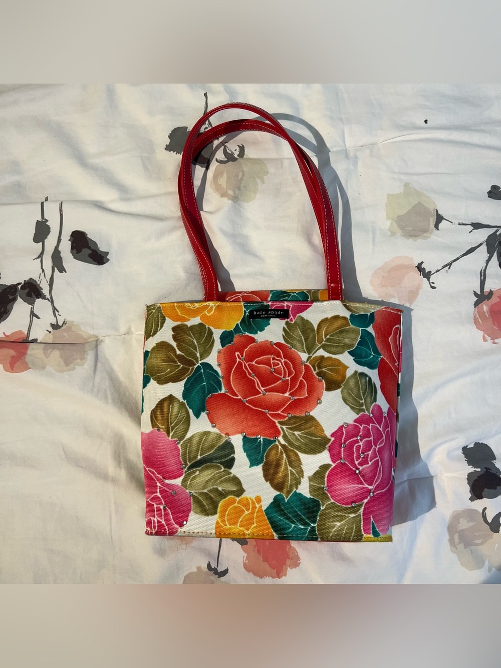 Kate Spade Vintage Floral Canvas Tote Bucket Bag with Rhinestone Details